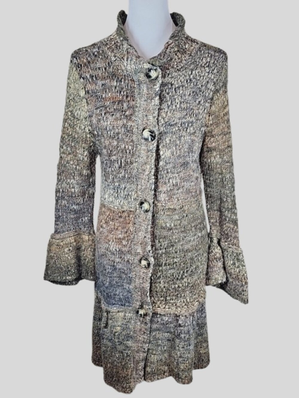 Fever Marled Chunky Knit Button Front Cardigan Sweater Coat L Bell Sleeve Boho